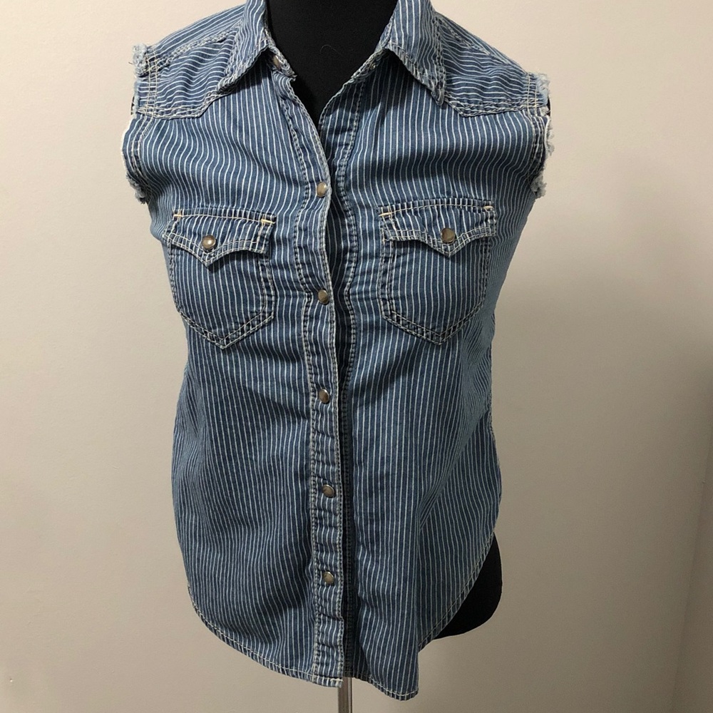 Seven7 Blue Striped Sleeveless Denim Top